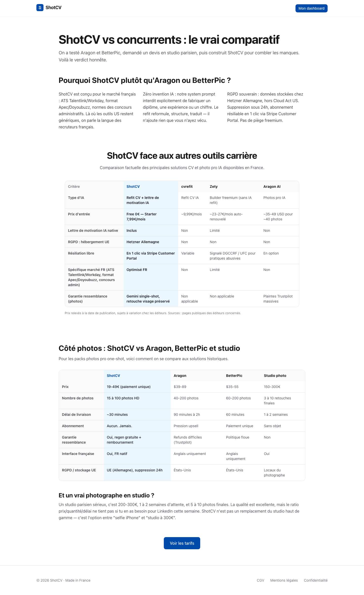 Comparatif vs concurrents