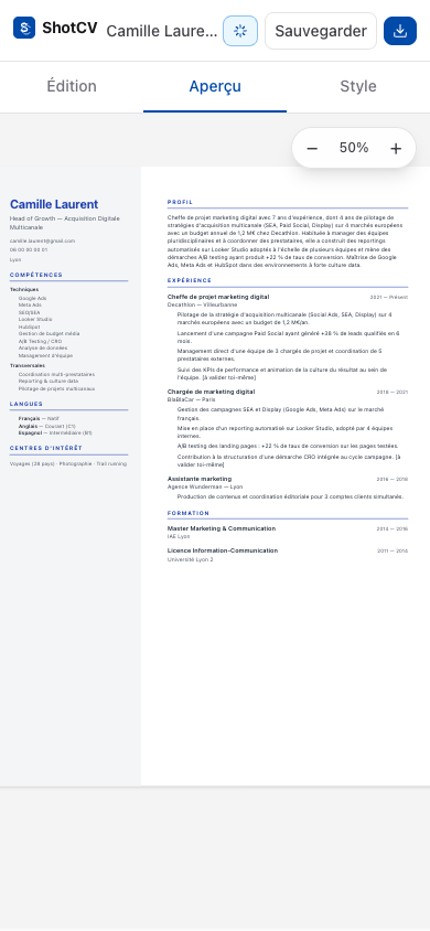 CV Builder — live preview
