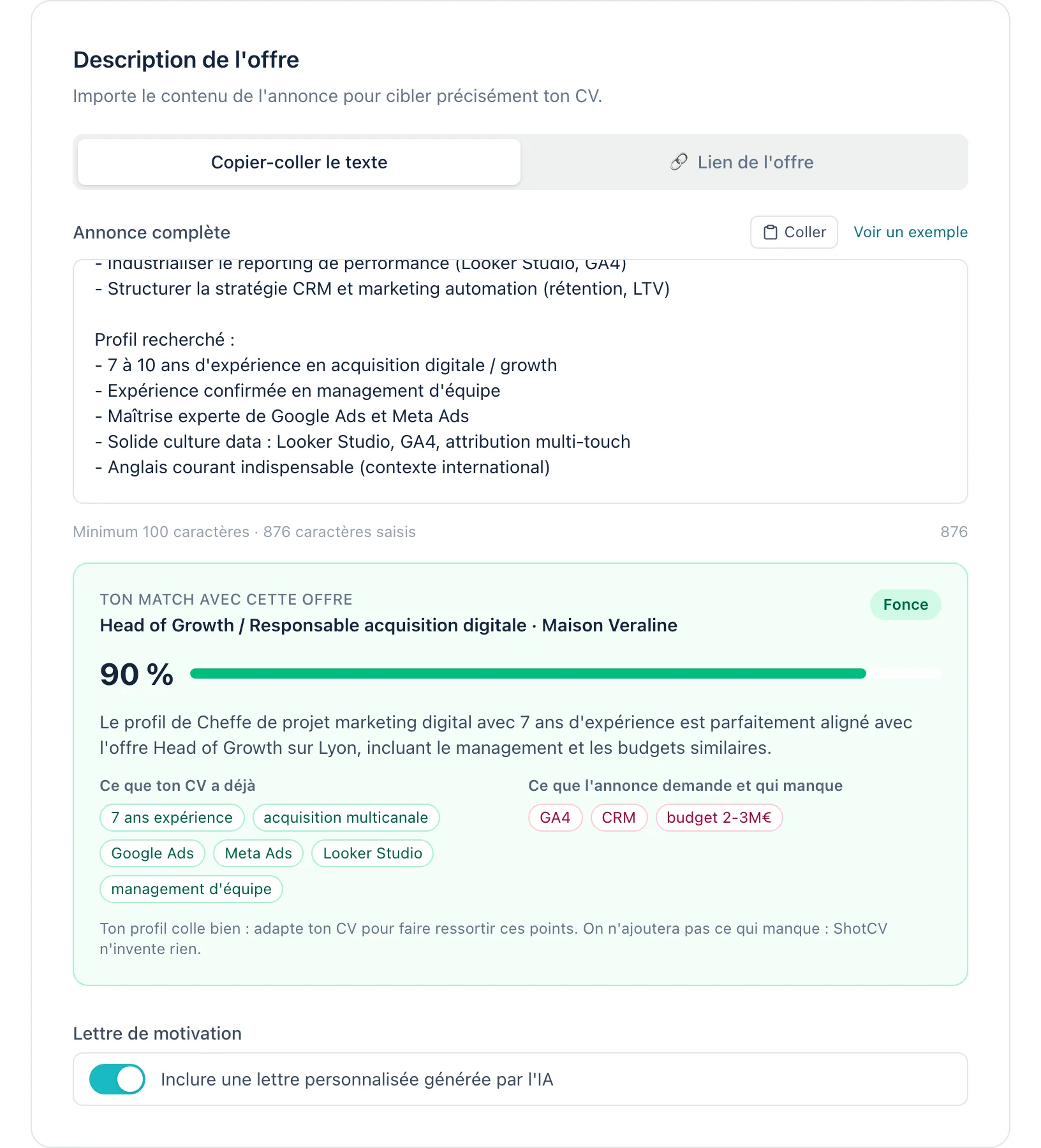 Analyse d'une annonce de Head of Growth : 90 % de match, verdict « Fonce », compétences présentes et manquantes.