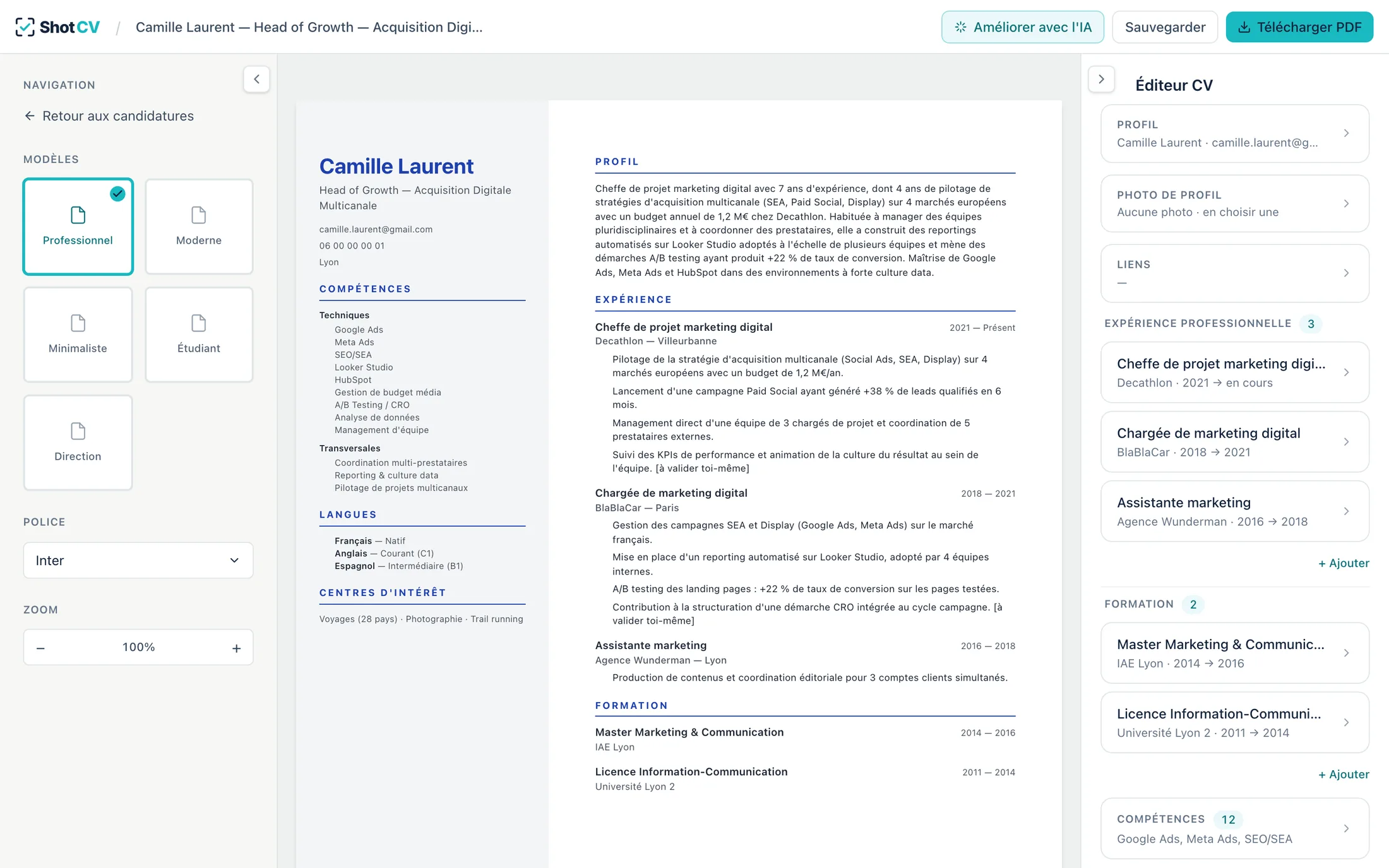 L'éditeur de CV : le CV adapté de Camille, le choix du modèle et les sections modifiables.