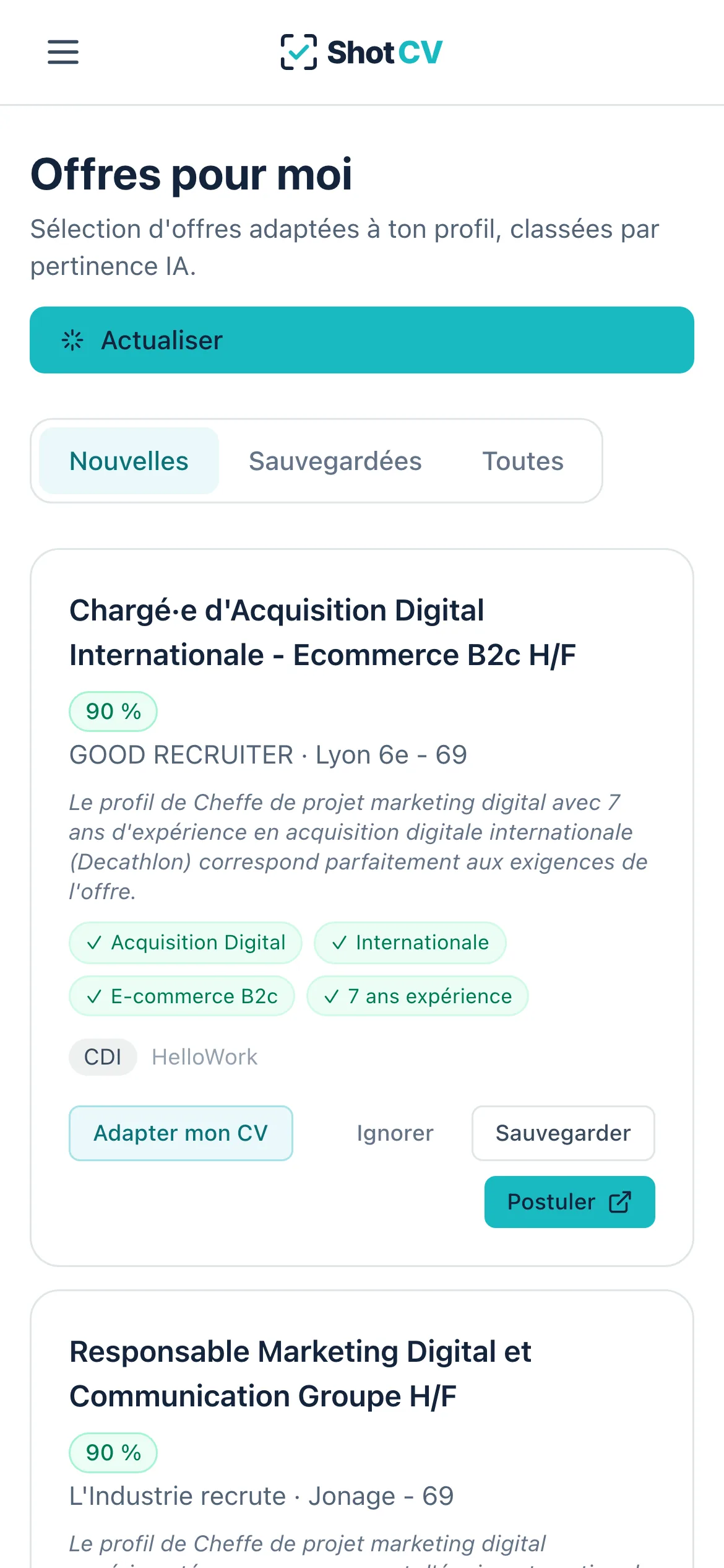 Les offres pour moi sur téléphone, avec le score de match.