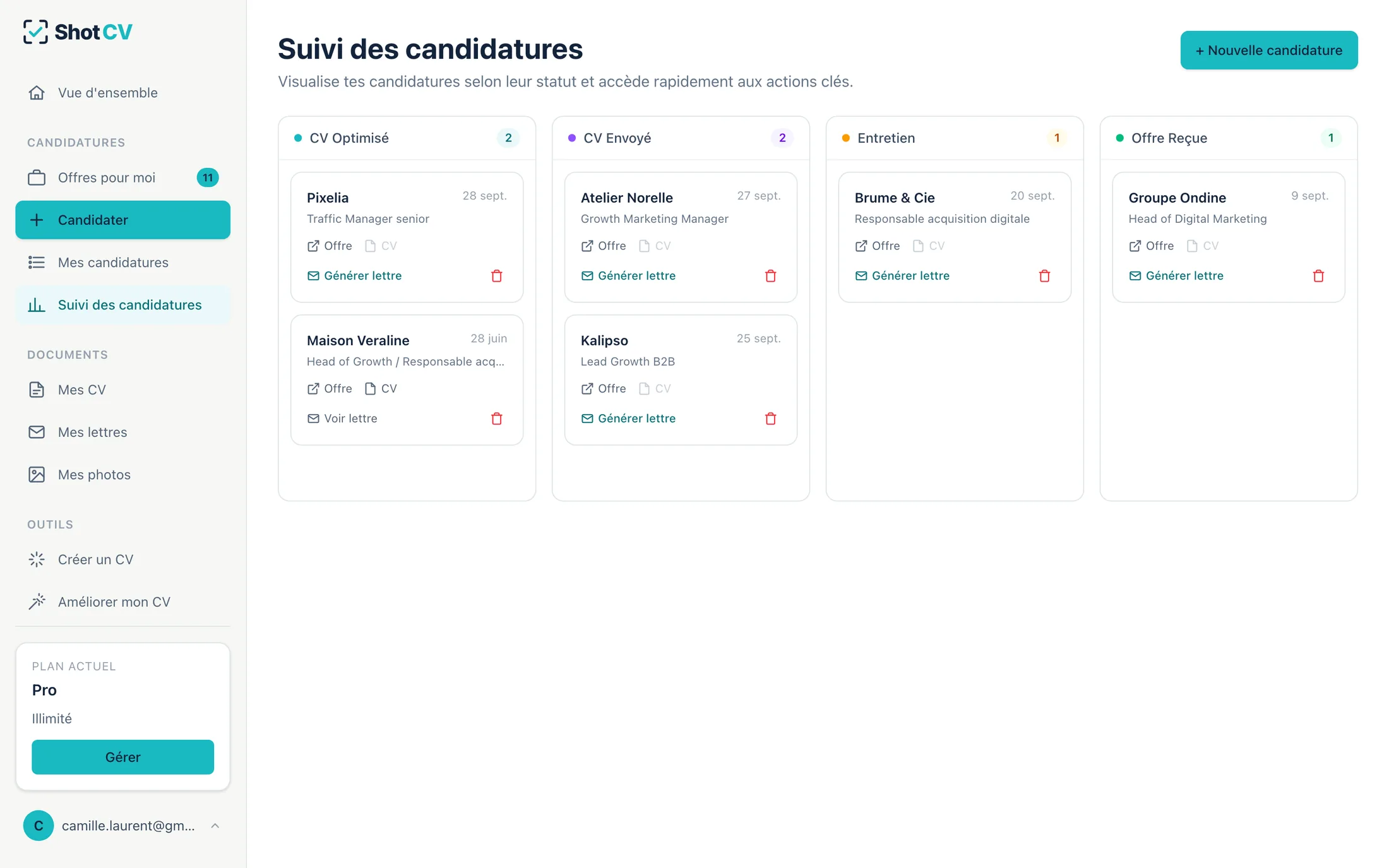 Le suivi des candidatures : CV optimisé, envoyé, entretien, offre reçue.